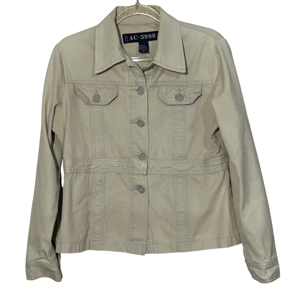 AC-3998 Womens XL Beige 100% Cotton Button Front Utility Safari Jacket Canvas‎